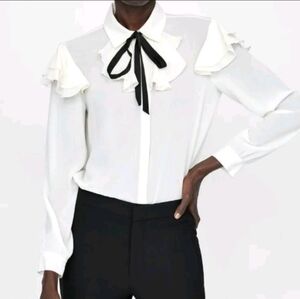 Zara ruffle bow tie white and black long sleeve blouse R5